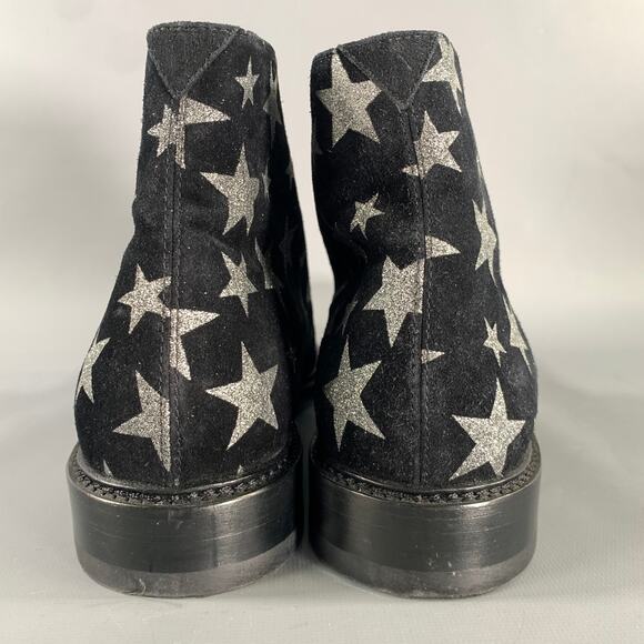 SAINT LAURENT Size 7.5 Black Silver Stars Leather Lace Up Boots